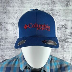 NWT Columbia PFG Logo Mesh Ball Cap  Hat High Flexfit Unisex L/XL Blue White Red